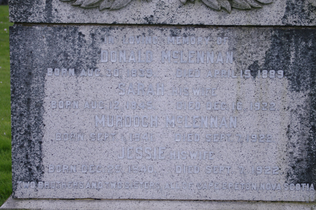 Photo of headstones/Donald McLennan 1838-1889 hdstn Fraser cem BC